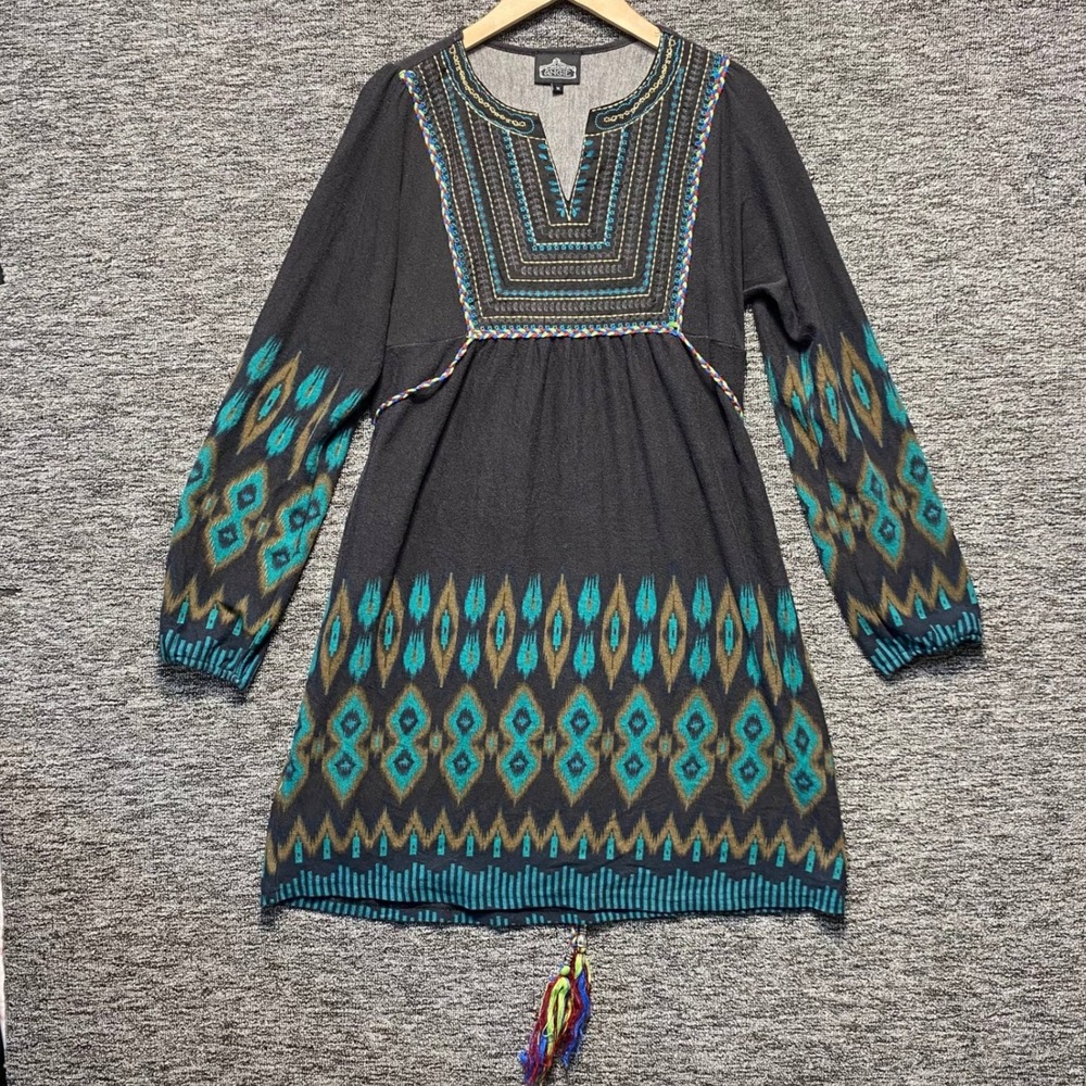 Angie Embroidered Boho Shift Dress Womens M Black Ikat Tassel Southwestern Chic